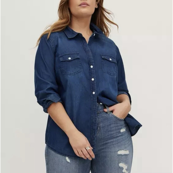 Torrid NWT Taylor Long Sleeve Button Down Shirt in Dark Denim Chambray Size 5 - Picture 1 of 5